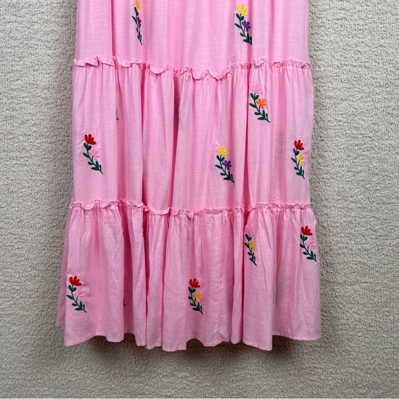 J.Marie Dress Womens M Pink Tiered Embordered Floral Lined Boho Linen Blend Midi - Picture 6 of 13
